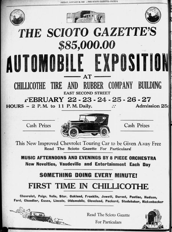 An advertisement Scioto Gazette regarding an Automobile Exposition in 1926.