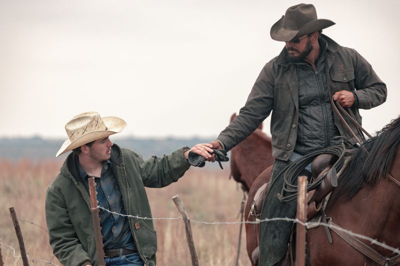 Finn Little as Carter and Cole Hauser as Rip Wheeler in Season 1 of "Dutton Ranch."