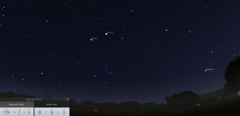 A look at the night sky on July 4, 1776, featuring Saturn. Early Americans used the planets and constellations to help them tell time and for navigation.