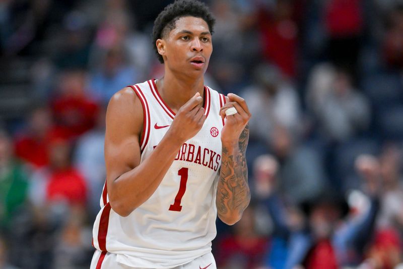 Mar 14, 2026; Nashville, TN, USA;  Arkansas Razorbacks guard Meleek Thomas (1) reacts after a made three point basket during the second half at Bridgestone Arena. Mandatory Credit: Steve Roberts-Imagn Images