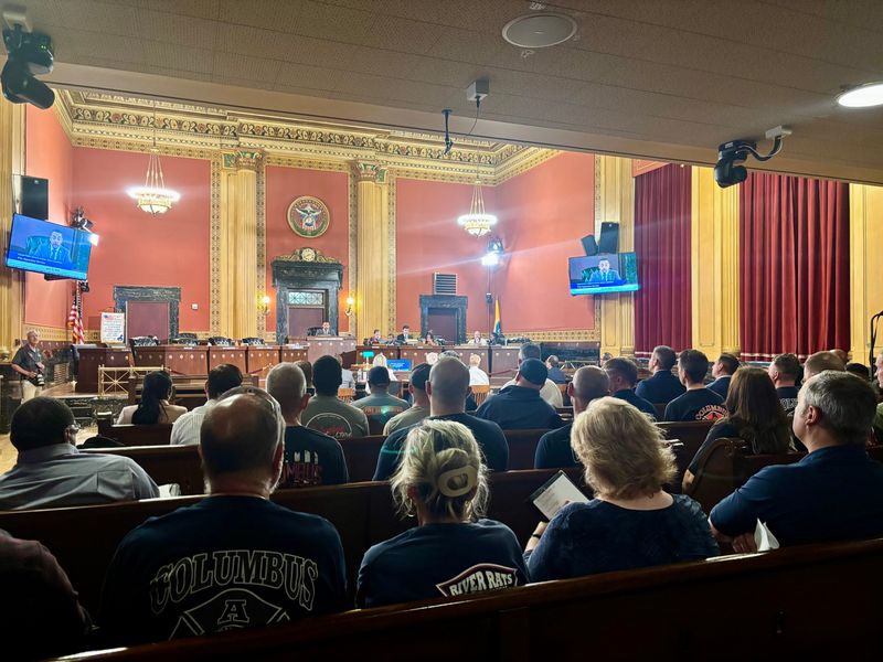 Columbus Division of Fire personnel packed City Council’s chambers for a hearing on the city’s aging fleet of fire trucks and ambulances on June 25, 2026.