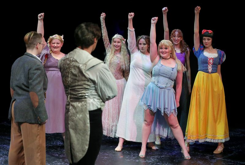 At the end of Act 1, the princesses begin their revolt against the Narrator and Prince Charming during a dress rehearsal for Rubber City Theatre’s "Once Upon a One More Time" at Guzzetta Hall.