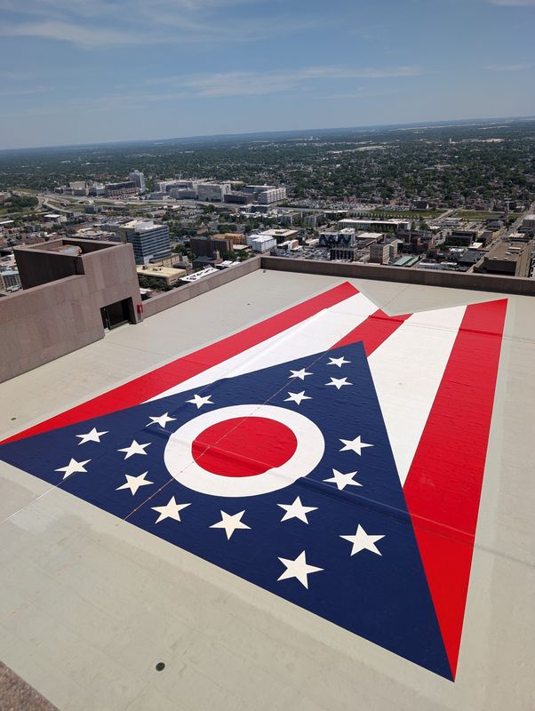 The flag used to seal the roof of the James A. Rhodes State Office Tower in downtown Columbus is now the highest Ohio state flag in Columbus.
