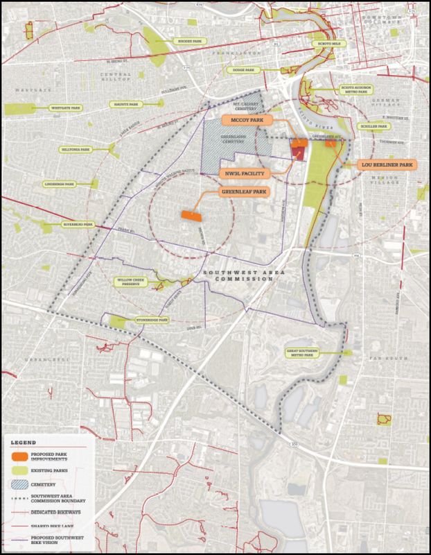 A plan to replace the amenities envisioned for McCoy Park using at least three sites is being pitched by a working group made up of City Hall officials, neighborhood leaders and representatives of the NWSL team investors.  The report calls for developing a new nine-acre Greenleaf Park, adding an adaptive softball field to Lou Berliner Sports Park and developing about five acres north of McCoy Park into a park.