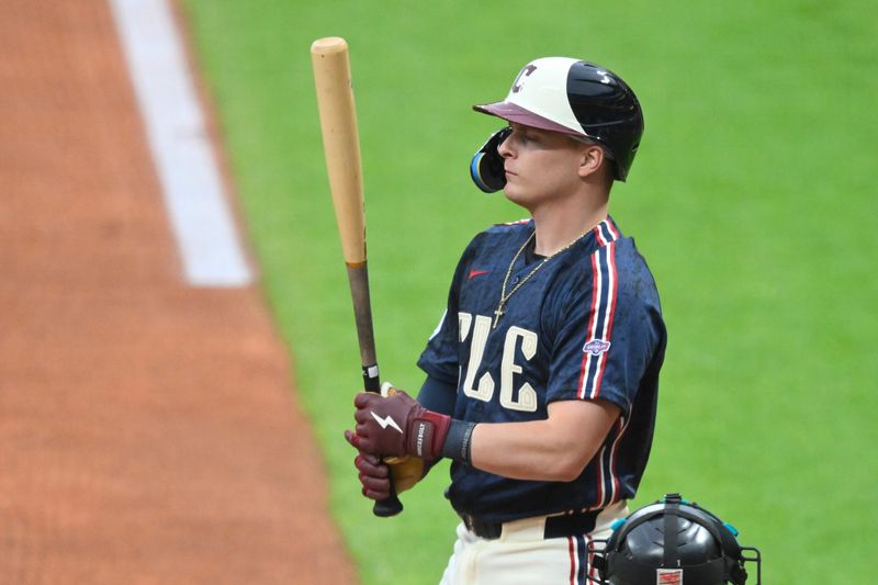 Cleveland Guardians' Cooper Ingle gets set to hit in his first MLB at-bat during the first inning against the Seattle Mariners on June 26, 2026, in Cleveland.