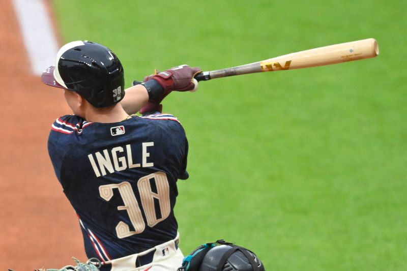 Jun 26, 2026; Cleveland, Ohio, USA; Cleveland Guardians designated hitter Cooper Ingle (30) swings in the first inning against the Seattle Mariners at Progressive Field. Mandatory Credit: David Richard-Imagn Images