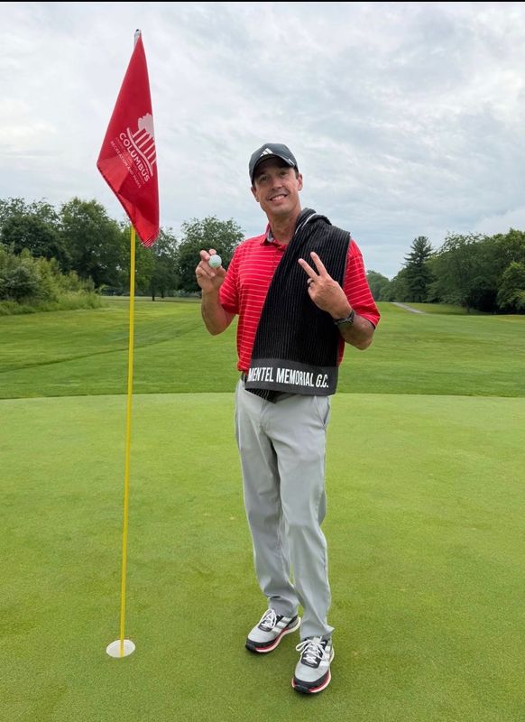 Cory Fidler at the third hole of Mentel Memorial Golf Course. Fidler made an albatross during a work league round, making his second shot on the hole from 243 yards out