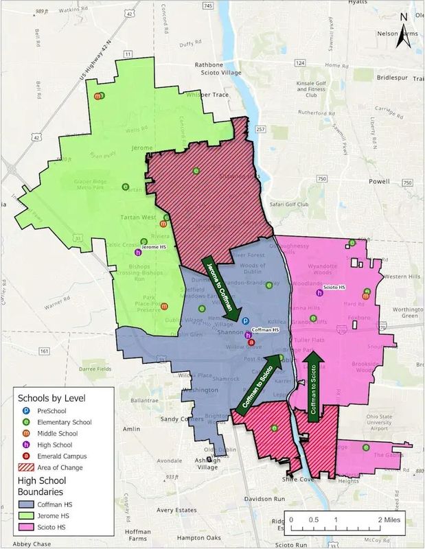 The Dublin City School District's new high school boundaries that will take effect in the 2027-2028 school year.
