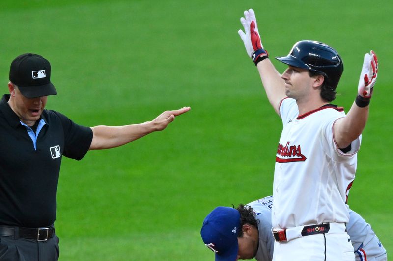 Guardians DH Chase DeLauter celebrates his RBI double in the fifth inning against the Texas Rangers, June 29, 2026, in Cleveland.