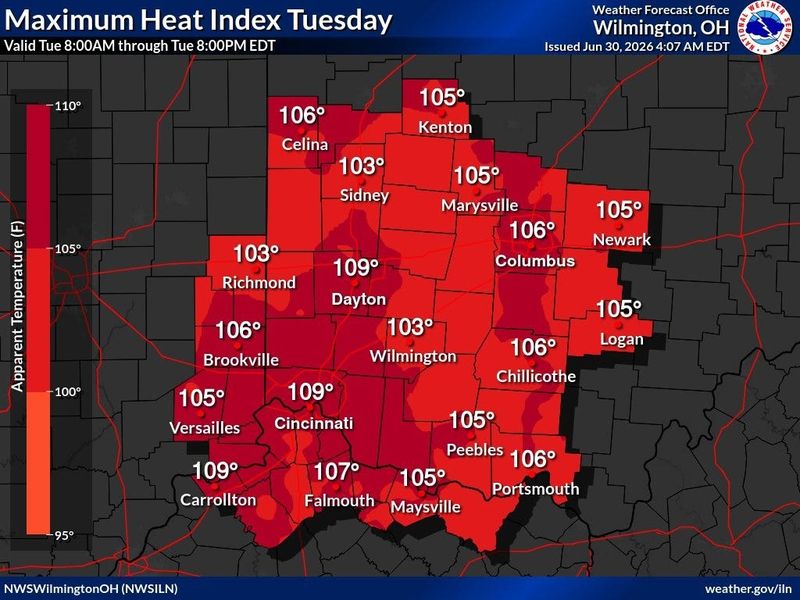 A map by the National Weather Service in Wilmington shows forecasted heat index values for the area June 30 as a dangerous heat wave is expected.
