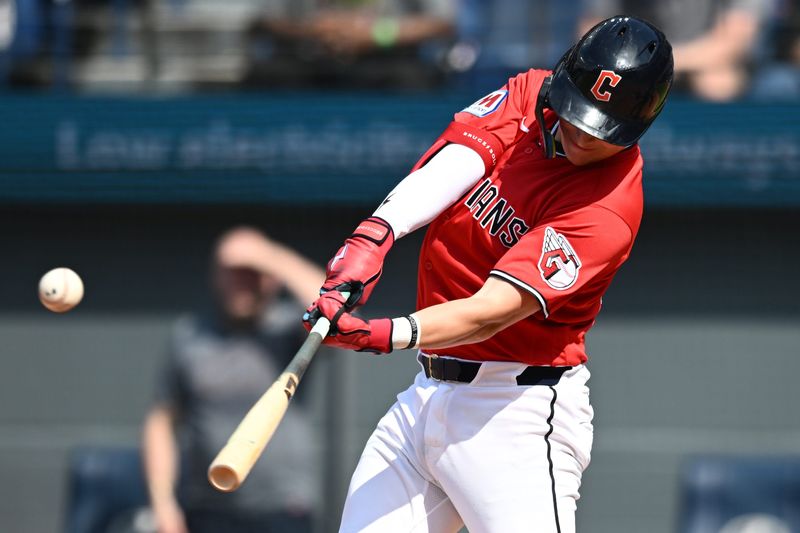 Jul 5, 2026; Cleveland, Ohio, USA; Cleveland Guardians designated hitter Cooper Ingle (30) hits a single during the third inning against the Chicago White Sox at Progressive Field. Mandatory Credit: Ken Blaze-Imagn Images