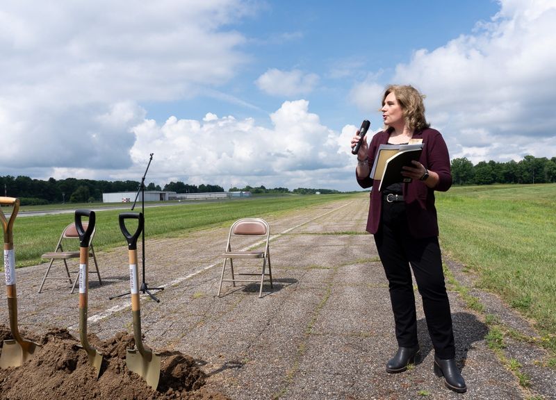 Commissioner Vice President Jill Crawford speaks Tuesday, July 7, 2026, at Portage County Airport in Shalersville Township during a groundbreaking for a $3 million project to upgrade safety.
