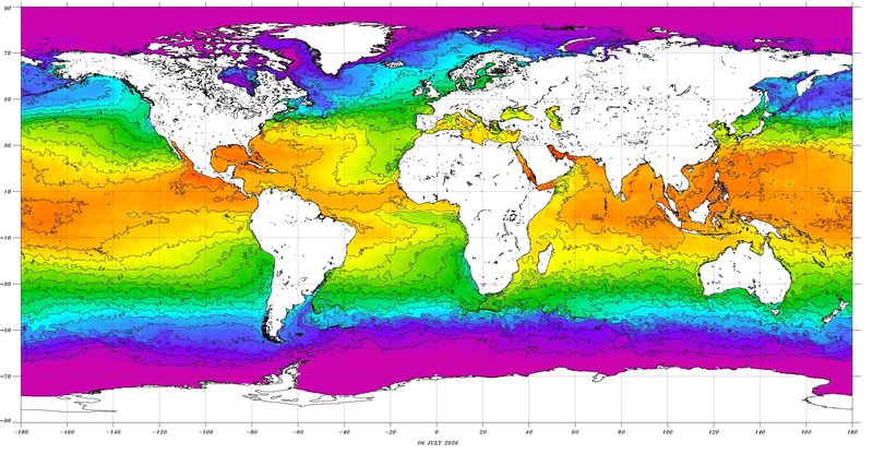 National Oceanic and Atmospheric Administration July 7 sea surface temperature map