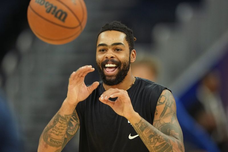 Dec 25, 2025; San Francisco, California, USA; Dallas Mavericks guard D'Angelo Russell (5) warms up before the game against the Golden State Warriors at Chase Center. Mandatory Credit: Darren Yamashita-Imagn Images