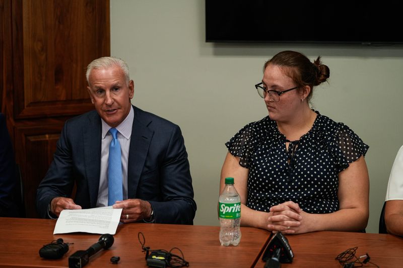 Steve Crandall of Crandall & Pera Law speaks at a press conference for his client, who will be identified as "Chloe," in a case where she was raped in 2023 as a UC Student.