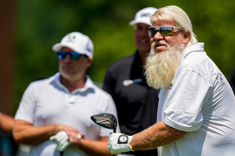 John Daly tees off during the Kaulig Companies PGA Championship Pro-Am, July 8, 2026, at Firestone Country Club in Akron, Ohio.