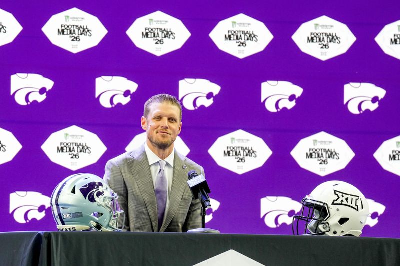 Kansas State head coach Collin Klein speaks to reporters during Big 12 Conference Football Media Days at The Star.