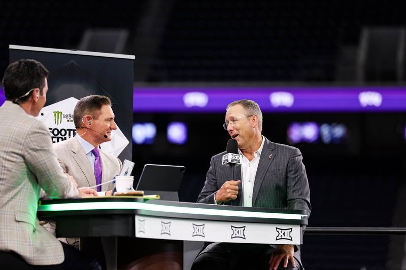 Cincinnati Bearcats coach Scott Satterfield appears on ESPN with Dusty Dvoracek July 8 at Big 12 Football Media Days.
