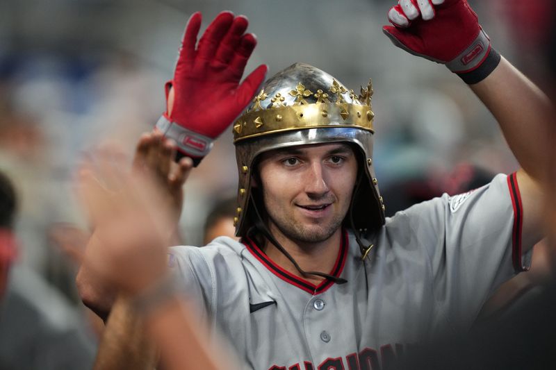 Cleveland Guardians' Chase DeLauter celebrates a solo home run against the Miami Marlins on July 12, 2026, in Miami, Florida.