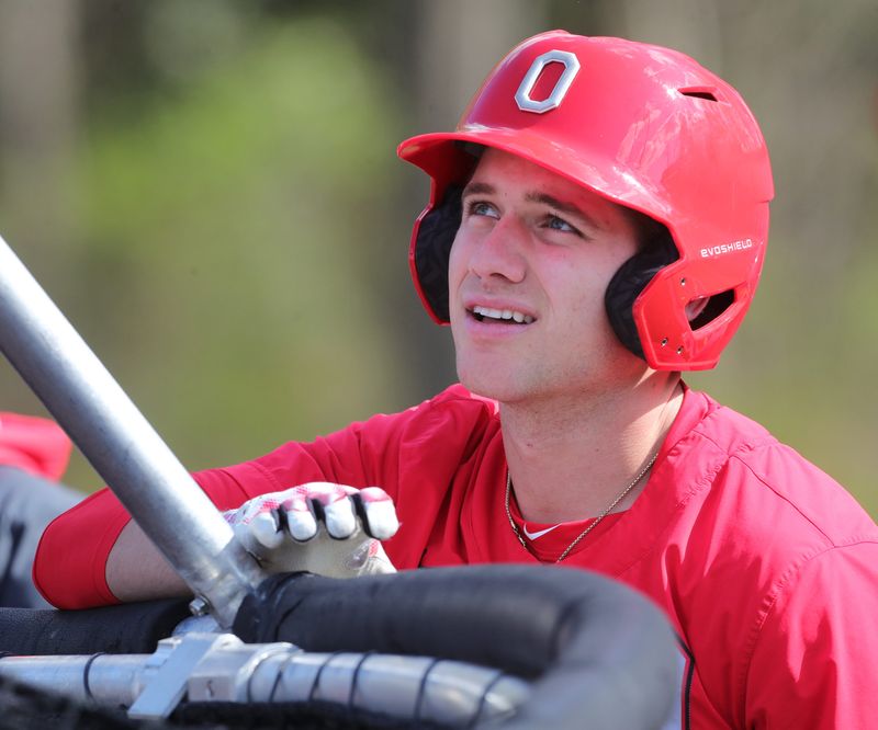Ohio State shortstop Henry Kaczmar waits his turn in the batting cage before playing at Kent State on Wednesday, April 26, 2023.

Osu Kaczmar 4