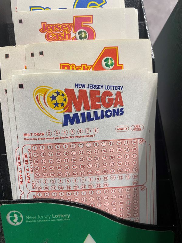 Blank Mega Millions tickets on display at the ShopRite in Bloomfield, NJ.