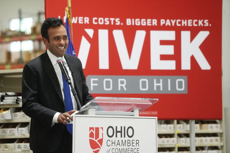 Gubernatorial candidate Vivek Ramaswamy speaks as he holds a campaign event to discuss Ohio's economic future July 14, 2026. Kimball Midwest hosted the event at their Roberts Rd.warehouse in Hilliard. Kimball Midwest sells maintenance, repair and operations products.