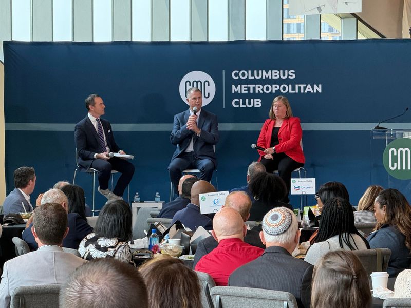 Jerod Smalley of NBC4, left, Columbus Regional Airport Authority CEO Daren Griffin, middle and One Columbus executive Deborah Scherer, right, at the Columbus Metropolitan Club forum on July 15, 2026.