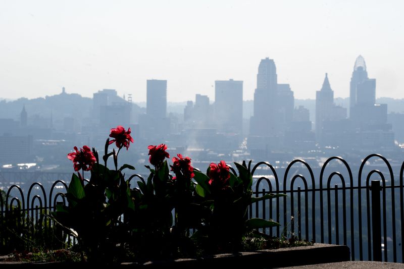 A view of Cincinnati’s downtown from Mount Echo Park in East Price Hill on Thursday, July 16, 2026. The National Weather Service issued an air quality warning for the region.