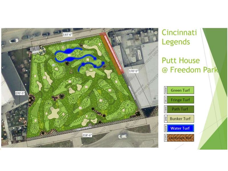 The Putt House @ Freedom Park would include 18 holes of mini golf, located just north of the entrance to the John A. Roebling Bridge over the Ohio River.