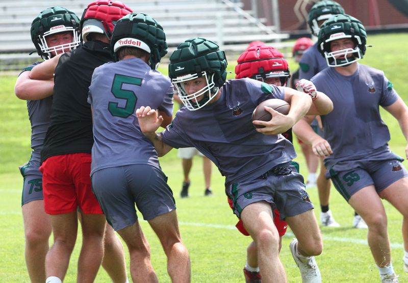 Northridge's Jayce Golden turns upfield during a joint camp day at Centerburg on July 16, 2026.