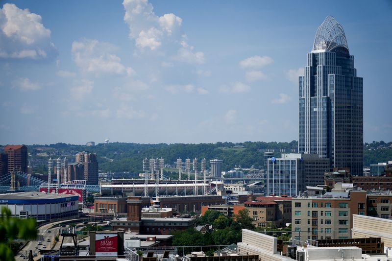 A view of downtown Cincinnati from Mount Adams on Thursday, July 16, 2026. Wildfire smoke moving through the Midwest has reached Greater Cincinnati, contributing to poor air quality as ozone levels remain high.