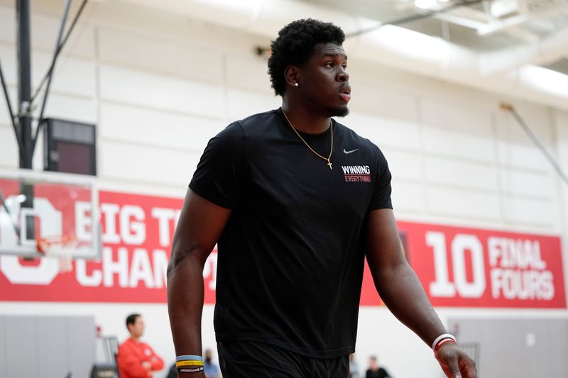 Ohio State Buckeyes forward Josh Ojianwuna, a transfer from Baylor, walks around the court during offseason practice at the Schottenstein Center on June 18, 2025.