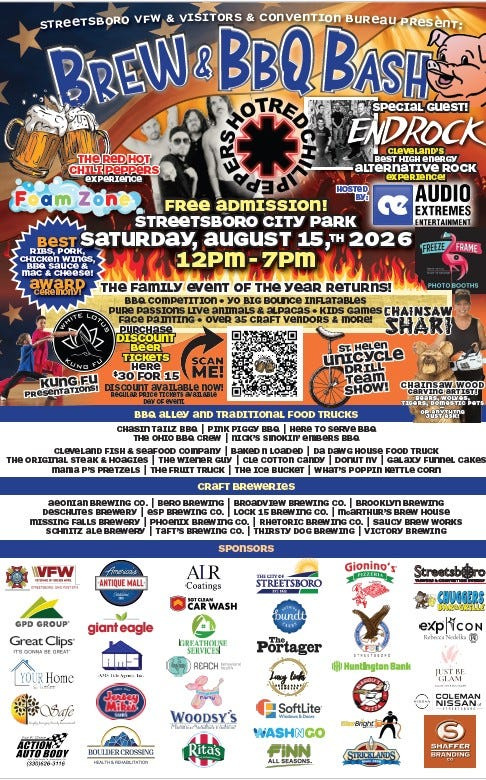 The Streetsboro VFW and Streetsboro Visitors and Convention Bureau will host the annual Brew & BBQ Bash on Aug. 15.