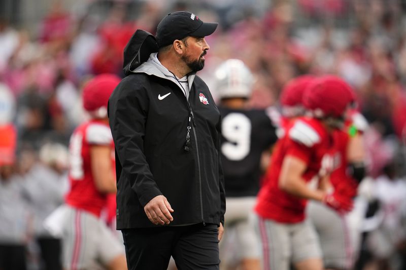 Ohio State Buckeyes head coach Ryan Day watches during the Ohio State football spring game at Ohio Stadium in Columbus on April 18, 2026.