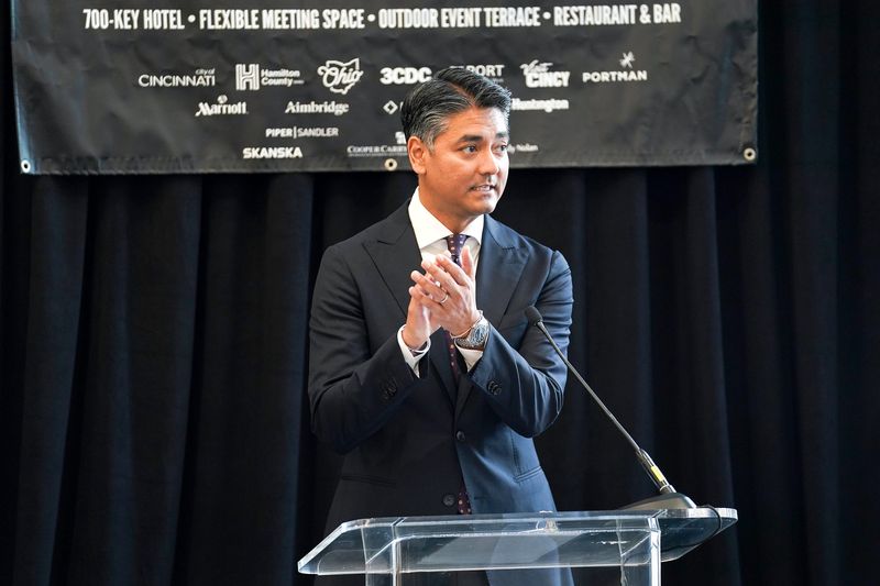 Cincinnati Mayor Aftab Pureval speaks during a groundbreaking ceremony for the Marriott convention hotel, Tuesday, July 21, 2026, at First Financial Center in downtown Cincinnati.