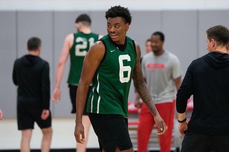 Ohio State Buckeyes forward Amare Bynum reacts during practice in the practice gym at the Schottenstein Center on July 21, 2026 in Columbus, Ohio.