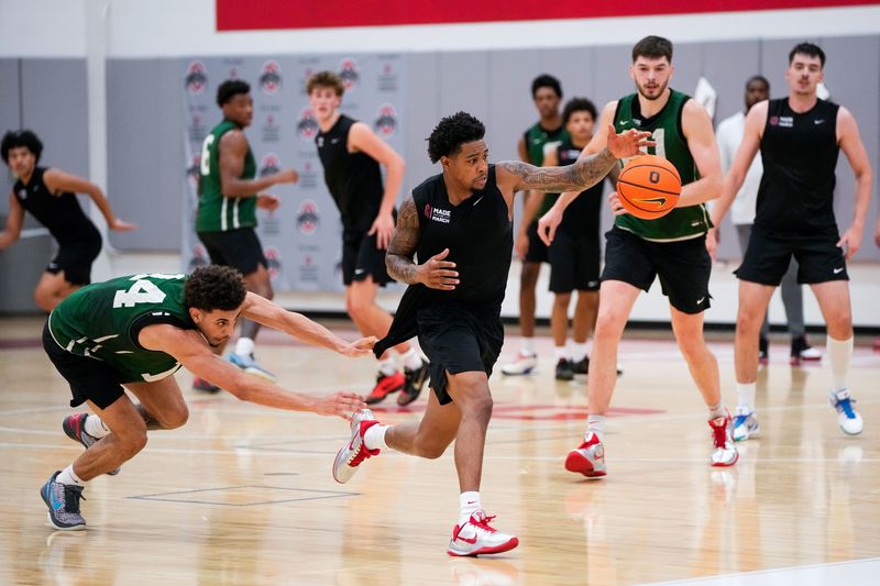 Ohio State's Justin Pippen chases after the loose ball against Jimmie Williams a July 21 practice at the Schottenstein Center.
