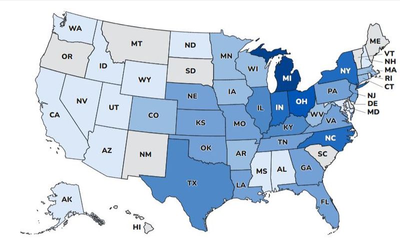 States with confirmed cyclosporeasis cases as of July 21, 2026 (darker shades indicate more cases).