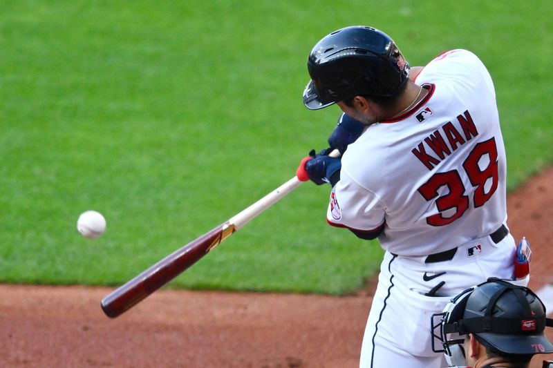 Jul 22, 2026; Cleveland, Ohio, USA; Cleveland Guardians left fielder Steven Kwan (38) singles in the second inning against the Minnesota Twins at Progressive Field. Mandatory Credit: David Richard-Imagn Images