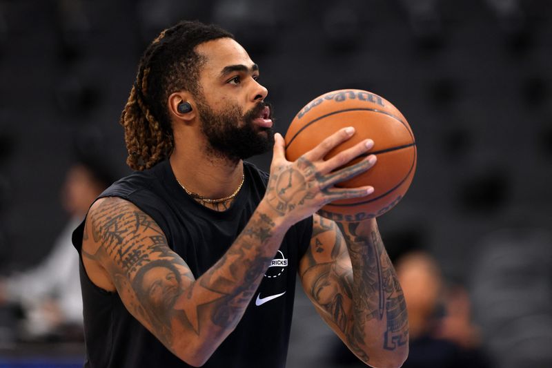Nov 29, 2025; Inglewood, California, USA;  Dallas Mavericks guard D'Angelo Russell (5) warms up prior to the game against the Los Angeles Clippers at Intuit Dome. Mandatory Credit: Kiyoshi Mio-Imagn Images