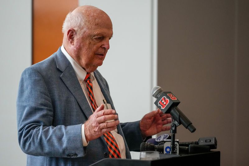 Cincinnati Bengals owner Mike Brown speaks during the annual season kickoff media day event at Paycor Stadium in downtown Cincinnati on Monday, July 27, 2026.