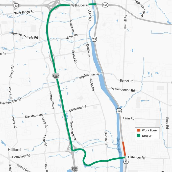 A map of ODOT's recommended detour for the upcoming closure of U.S. 33 from Upper Arlington to Dublin.