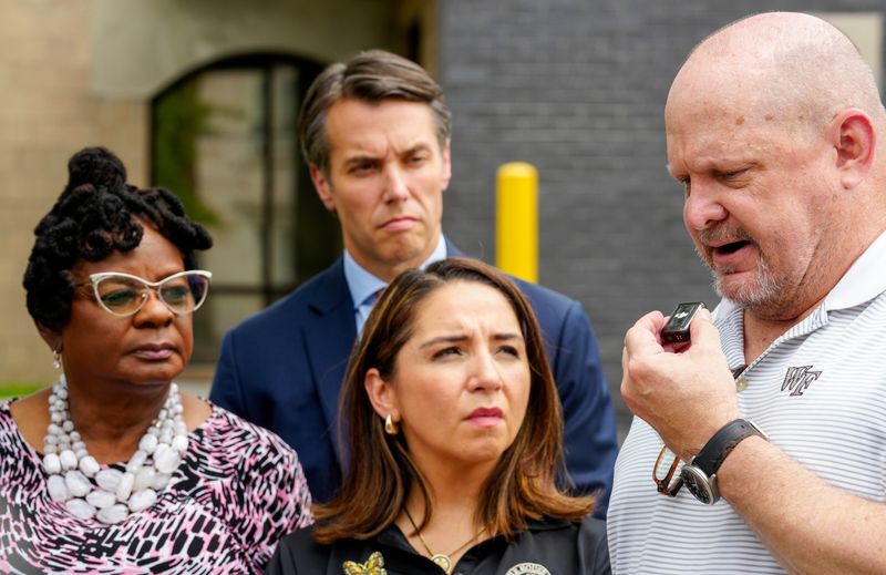 From left: U.S. Representatives Gwen Moore, D-WI, Morgan McGarvey, D-KY, and Delia C. Ramirez, D-IL, listen to Newport resident Jeff Richardson explain his disagreement with Campbell County Detention Center holding immigrants detained by Immigrations and Customs Enforcement on July 27. Richardson is the co-founder of the 3R Fund for Immigrants, a nonprofit organization that provides legal funds to immigrants detained by ICE or the Department of Homeland Security in the Cincinnati and Northern Kentucky area.