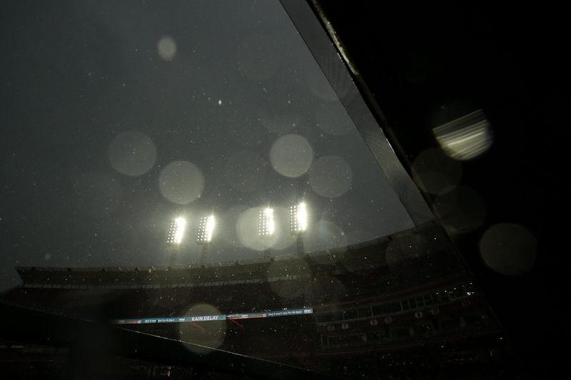 Jul 27, 2026; Cincinnati, Ohio, USA;  Rain pelts the stadium before the game between Cleveland Guardians and the Cincinnati Reds at Great American Ball Park. The game was postponed due to inclement weather. Mandatory Credit: Aaron Doster-Imagn Images