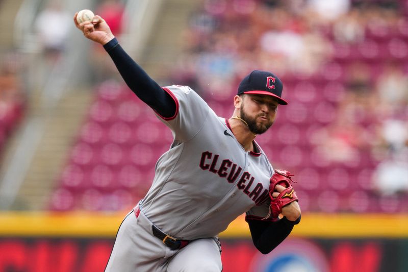 Jul 28, 2026; Cincinnati, Ohio, USA;  Cleveland Guardians pitcher Slade Cecconi throws against the Cincinnati Reds in the first inning at Great American Ball Park. Mandatory Credit: Aaron Doster-Imagn Images