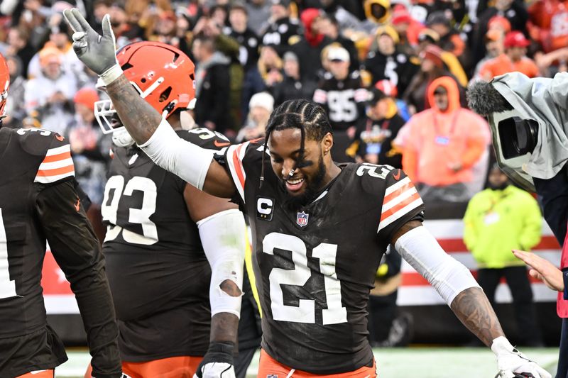 Cleveland Browns cornerback Denzel Ward (21) celebrates after the game against the Pittsburgh Steelers at Huntington Bank Field.