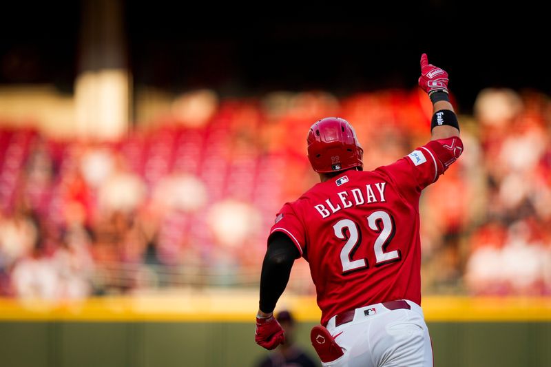 Cincinnati Reds left fielder JJ Bleday (22) runs the bases on a solo home run in the first inning of the MLB Interleague game between the Cincinnati Reds and the Cleveland Guardians at Great American Ball Park in downtown Cincinnati on Tuesday, July 28, 2026. The Reds led 1-0 after four innings.