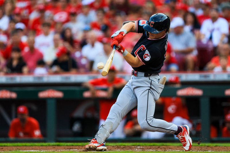 Jul 28, 2026; Cincinnati, Ohio, USA; Cleveland Guardians second baseman Travis Bazzana (37) hits a single in the second inning against the Cincinnati Reds at Great American Ball Park. Mandatory Credit: Katie Stratman-Imagn Images