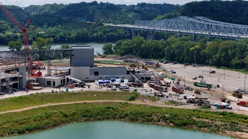 Fire crews respond to a fire at the construction site of the new Farmer Music Center in Cincinnati on Wednesday, July 29, 2026.