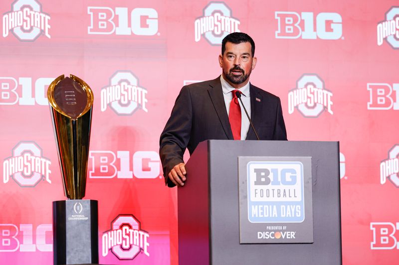 Jul 29, 2026; Chicago, IL, USA; Ohio State Football head coach Ryan Day speaks during Big Ten Media Days at Hilton Chicago. Mandatory Credit: Kamil Krzaczynski-Imagn Images